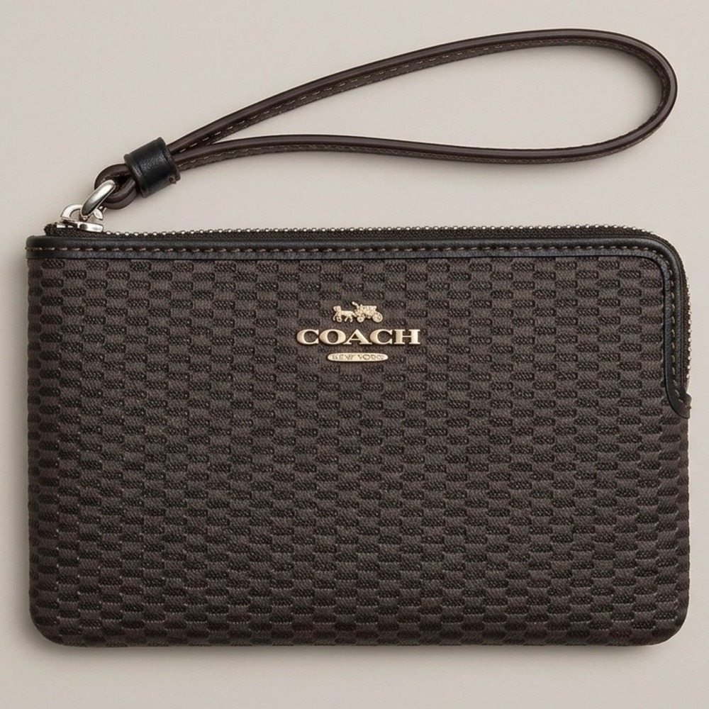 Coach Small Wristlet Brown Black Woven Jacquard Gold Logo Zip Top‎ Clutch